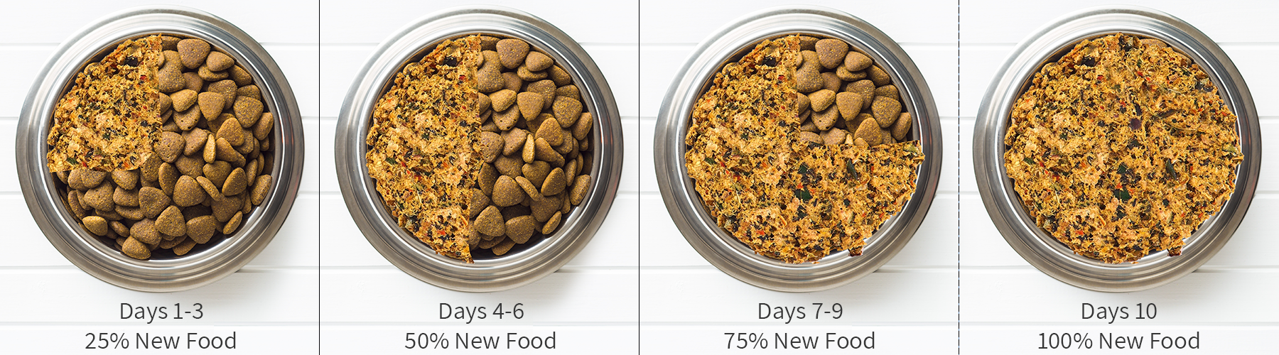 How to transition the dog food. There are four bowls - the first shows that on days 1-3 that it should be 25% new food and 75% their same food. On days 4-6 it should be 50% new food. On days 7-9 it should be 75% new food. Day 10 100% new food.
