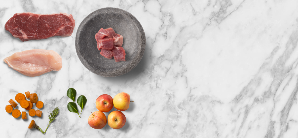 Meat, apples, spinach and carrotts on a marble surface.